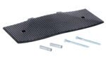 A rectangular, perforated black brake pad featuring two holes and a notch at the top resembles elements of the Vestil Male End Cap 23.5 X 9.468 Concrete Kit, accompanied by two screws and two wall plugs underneath.