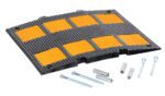 The Vestil Middle Section Concrete Kit 23.5 speed bump is 23.5 inches long and boasts a black and yellow design with eight textured rectangular patches, complete with metal screws and plastic wall plugs for easy concrete installation.