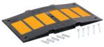 The Vestil Middle Section Concrete Kit 35.25 is a rectangular black rubber speed bump with five yellow reflective panels, measuring 35.25 inches. It includes a Concrete Kit with six metal bolts and plugs for secure installation.