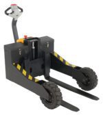 The Vestil Rough Terrain 24Vdc Battery Pk Ac Drive Motor 24 3K electric pallet truck has a black body with yellow safety stripes, two large wheels, and a gray handle with red accents. Its designed to efficiently move heavy pallet loads over rugged surfaces.