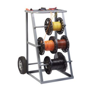 The Little Giant Heavy-Duty Reel Caddy is a wheeled metal rack that holds six large, vibrantly colored spools of cables in red, yellow, orange, brown, blue, and black. It features two large rear wheels for easy transport and organization of your cable assortment.