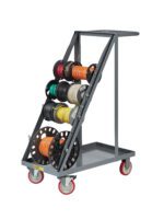 The Little Giant Wire Reel Cart has a gray metal frame, red wheels, and holds multiple cable spools on angled racks. It features a handle for easy maneuvering and stands on four swiveling casters.