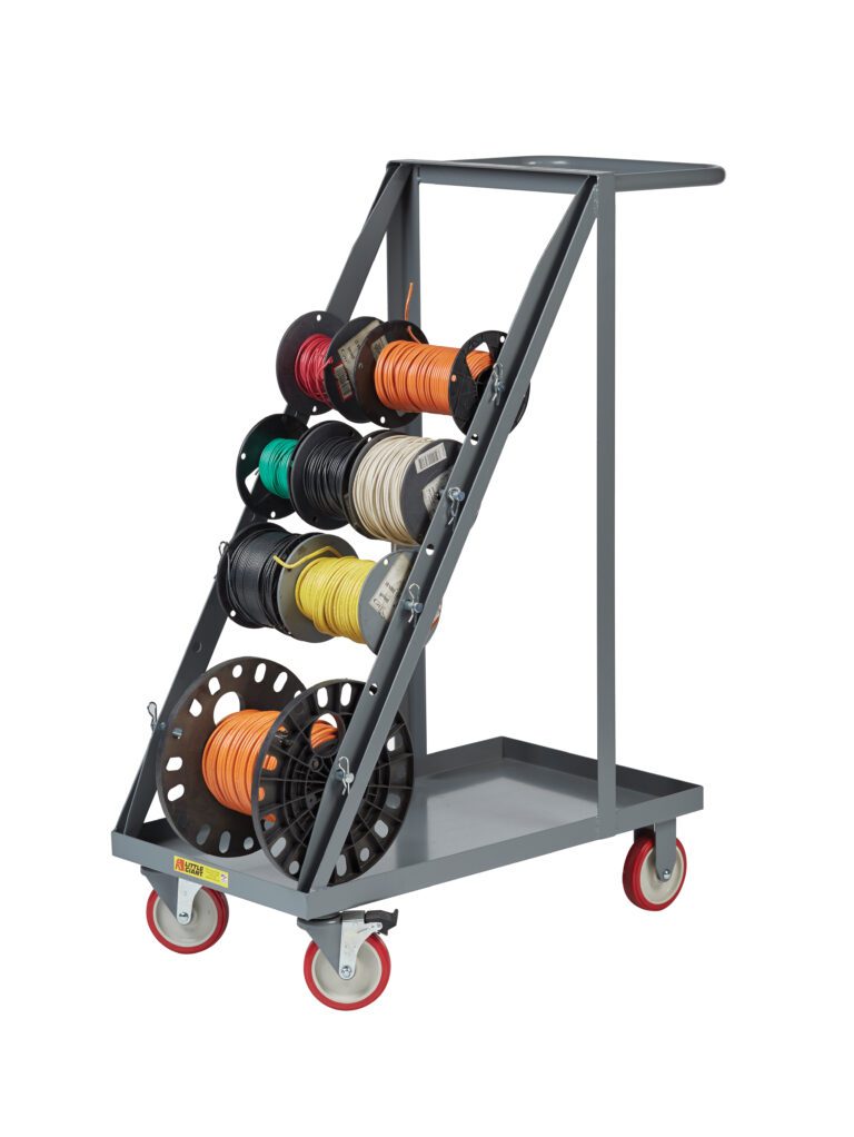 The Little Giant Wire Reel Cart has a gray metal frame, red wheels, and holds multiple cable spools on angled racks. It features a handle for easy maneuvering and stands on four swiveling casters.