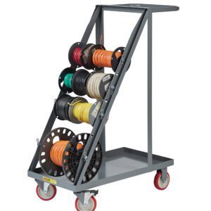 The Little Giant Wire Reel Cart has a gray metal frame, red wheels, and holds multiple cable spools on angled racks. It features a handle for easy maneuvering and stands on four swiveling casters.