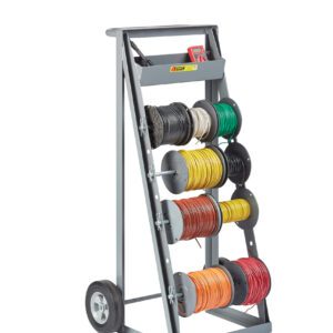 The gray Little Giant Wire Reel Caddy, labeled Klein Tools, has two large wheels and holds various colorful cable spools, including black, white, red, yellow, green, brown, and orange. It features a small top tray for tools.