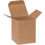 A 3 x 2 1/2 x 4 Kraft Reverse Tuck Folding Carton sits open with flaps spread outward against a white backdrop, showcasing its simple design and versatile packaging potential.