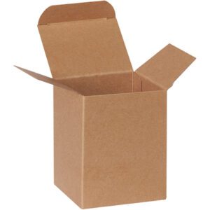 A 3 x 2 1/2 x 4 Kraft Reverse Tuck Folding Carton sits open with flaps spread outward against a white backdrop, showcasing its simple design and versatile packaging potential.