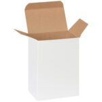 The MH-USA 4 x 2 1/2 x 6 White Reverse Tuck Folding Carton, featuring a brown interior and open flaps, is displayed against a white backdrop.