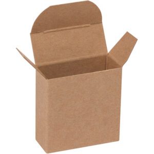 A Kraft reverse tuck folding carton (2 1/8 x 7/8 x 2 1/8) is shown open on a white background, highlighting its textured surface and simple design. Ideal for bulk storage with 1000 cartons per case.