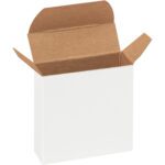 An open MH-USA 2 1/4 x 3/4 x 2 1/4 white reverse tuck folding carton with brown interior flaps stands upright against a plain background. Perfect for versatile packaging needs, its available in bulk with 1000 per case.