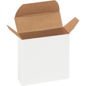 An open MH-USA 2 1/4 x 3/4 x 2 1/4 white reverse tuck folding carton with brown interior flaps stands upright against a plain background. Perfect for versatile packaging needs, its available in bulk with 1000 per case.