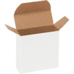 An open MH-USA 2 3/8 x 7/8 x 2 3/8 white reverse tuck folding carton reveals its brown interior with three outward flaps, set on a white background. Sold in cases of 1000.