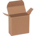 A 2 5/8 x 1 1/16 x 2 5/8 Kraft Reverse Tuck Folding Carton with an open lid reveals its spacious interior, set against a plain white background.