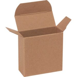 A 2 5/8 x 1 1/16 x 2 5/8 Kraft Reverse Tuck Folding Carton with an open lid reveals its spacious interior, set against a plain white background.