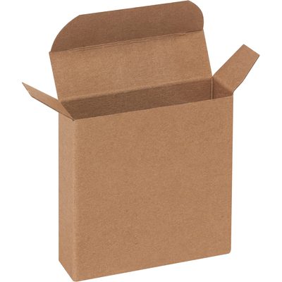 RTC23.jpg The 3 x 7/8 x 3 Kraft Reverse Tuck Folding Carton from a 1000/case set stands upright, its flaps elegantly spread against a plain white background.