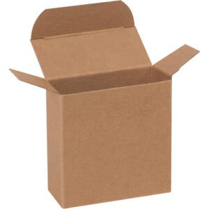 A 3 x 1 5/16 x 3 Kraft Reverse Tuck Folding Carton from the case of 1000 stands upright with flaps open, highlighting its simple design against a plain white background, which accentuates the cardboards texture and color.