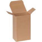 A tall Kraft Reverse Tuck Folding Carton with slightly extended flaps stands upright on a white background. Measuring 3 x 2 x 5, its ideal for versatile packaging needs.