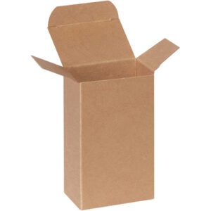 A tall Kraft Reverse Tuck Folding Carton with slightly extended flaps stands upright on a white background. Measuring 3 x 2 x 5, its ideal for versatile packaging needs.