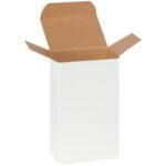 An open, upright MH-USA 3 x 2 x 5 White Reverse Tuck Folding Carton with brown flaps is shown against a plain background, with its top flaps extended outward to reveal the interior.