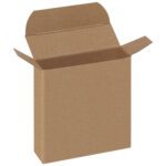 A 3 1/4 x 15/16 x 3 1/4 Kraft Reverse Tuck Folding Carton, similar to those sold as 1000 PER CASE, is shown open and empty with extended flaps against a white background, revealing its interior.