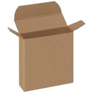 A 3 1/4 x 15/16 x 3 1/4 Kraft Reverse Tuck Folding Carton, similar to those sold as 1000 PER CASE, is shown open and empty with extended flaps against a white background, revealing its interior.