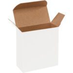 An MH-USA white reverse tuck folding carton, size 3 5/16 x 1 1/2 x 3 5/16, proudly displays its brown interior and unfolded flaps against a plain backdrop.