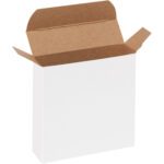 The MH-USA 3 5/8 x 1 x 3 5/8 White Reverse Tuck Folding Carton (1000/Case) is displayed with its flaps open, showcasing the plain white exterior and brown interior.