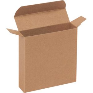An empty 4 x 1 1/16 x 4 Kraft Reverse Tuck Folding Carton lies open, displaying its simple design against a white background.