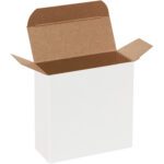 An open plain white cardboard box, similar to the MH-USA 4 x 1 5/8 x 4 White Reverse Tuck Folding Cartons (500/Case), shows its interior against a clean white background.