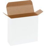 An open MH-USA 4 1/4 x 1 1/4 x 4 1/4 Reverse Tuck Folding Carton, white exterior with contrasting brown interior, sits upright and empty on a plain background, ideal for displaying its design features.