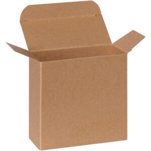 The 4 1/2 x 1 7/8 x 4 1/2 Kraft Reverse Tuck Folding Carton, with open flaps, stands upright on a white background, highlighting its sturdy design and matte finish - ideal for versatile packaging needs.