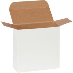 The MH-USA 4 1/2 x 1 7/8 x 4 1/2 white reverse tuck folding carton features a brown interior. Set against a simple background, its partially open flaps reveal the roomy interior, capable of packaging up to 250 items per case.