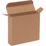 The 4 13/16 x 1 1/4 x 4 13/16 Kraft Reverse Tuck Folding Carton is displayed partially unfolded against a white background, highlighting its empty rectangular shape and corrugated texture.