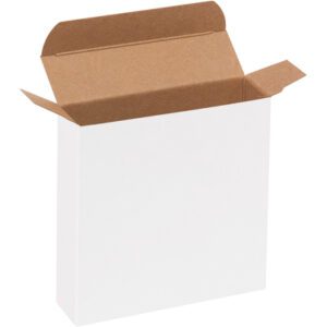 An open MH-USA 4 13/16 x 1 1/4 x 4 13/16 white reverse tuck folding carton with brown flaps is viewed from a slightly elevated angle, sitting empty against a plain white background while its partially unfolded flaps reveal its spacious interior.
