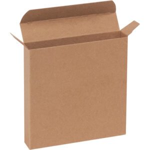 A 5 1/4 x 1 x 5 1/4 Kraft Reverse Tuck Folding Carton, with flaps open, stands upright on a white background, showcasing its simple and unmarked brown exterior.