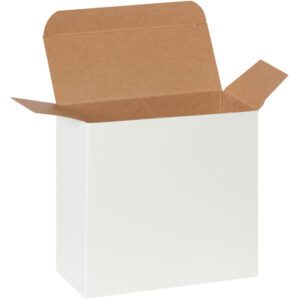 A plain white MH-USA 5 1/4 x 2 1/4 x 5 1/4 Reverse Tuck Folding Carton (250/Case) stands with flaps open, showing its brown interior against a white backdrop.