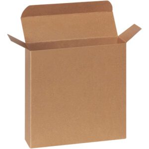 An open, empty brown cardboard box with partially raised flaps against a white background. The 7 1/4 x 2 x 7 1/4 Kraft Reverse Tuck Folding Carton (250/Case) highlights the typical cardboard texture and color, ideal for versatile packaging needs.