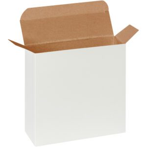 The MH-USA white reverse tuck folding carton (7 1/4 x 2 x 7 1/4) stands out against a white backdrop, with its plain exterior and brown interior visible through unfolded top flaps, showcasing a simple yet functional design.