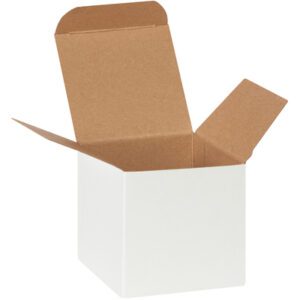 The MH-USA 3 x 3 x 3 White Reverse Tuck Folding Cartons (250/Case) are shown open, with flaps spread to reveal a brown interior. Displayed at an angle, they emphasize the cubic design and simplicity of these versatile packaging cartons.