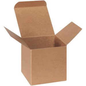 An open 4 x 4 x 4 Kraft Reverse Tuck Folding Carton, flaps extended outward against a white background, is photographed from an angled, slightly elevated perspective. This sturdy carton comes in bulk cases of 250.