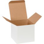 The open MH-USA 4 x 4 x 4 White Reverse Tuck Folding Carton (250/Case), with brown interior flaps extended, stands against a plain white background.
