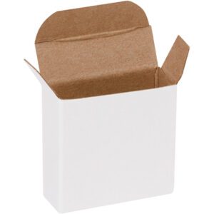 A white MH-USA 1 5/8 x 9/16 x 1 5/8 reverse tuck folding carton with brown interior flaps is upright against a plain white background. This empty box, sold in cases of 2000, invites endless possibilities within its simple design.