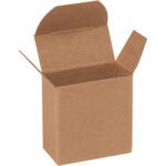 Against a white background, an upright open Kraft Reverse Tuck Folding Carton with flaps spread out showcases its simple design and functionality. It measures 1 13/16 x 7/8 x 1 13/16 and comes in cases of up to 2000.