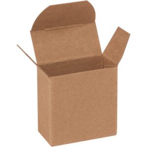 Against a white background, an upright open Kraft Reverse Tuck Folding Carton with flaps spread out showcases its simple design and functionality. It measures 1 13/16 x 7/8 x 1 13/16 and comes in cases of up to 2000.