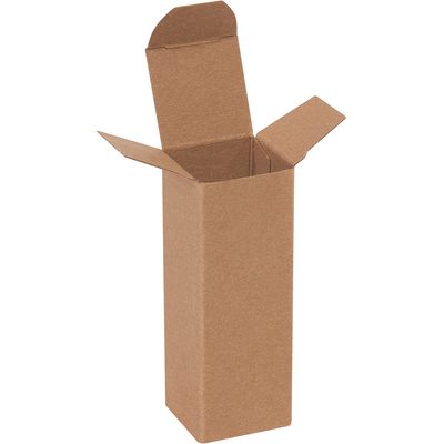 RTD1.jpg The tall, rectangular 1 1/2 x 1 1/2 x 4 Kraft Reverse Tuck Folding Carton, open with flaps against a white background, appears empty and ready for use. Part of a set of 1000 per case.