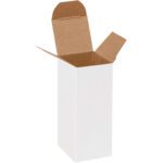 A tall MH-USA 1 1/2 x 1 1/2 x 4 white reverse tuck folding carton with an open flap top showing the brown interior stands upright against a plain background.