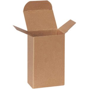 A plain brown cardboard box, like the 2 1/2 x 1 3/4 x 4 Kraft Reverse Tuck Folding Cartons (500/Case), is open with its top flaps extended outward on a white background, highlighting its simple design and texture.