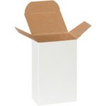 An unfolded MH-USA 2 1/2 x 1 3/4 x 4 white reverse tuck folding carton with a brown interior is shown against a white background, highlighting its sleek structure ideal for packaging.