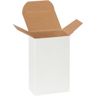RTD2W.jpg An unfolded MH-USA 2 1/2 x 1 3/4 x 4 white reverse tuck folding carton with a brown interior is shown against a white background, highlighting its sleek structure ideal for packaging.