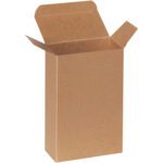A tall, plain cardboard box with open top flaps stands against a white background. Its a 4 5/8 x 2 3/8 x 7 5/16 Kraft Reverse Tuck Folding Carton (250 per case), showcasing its brown corrugated texture while appearing empty.